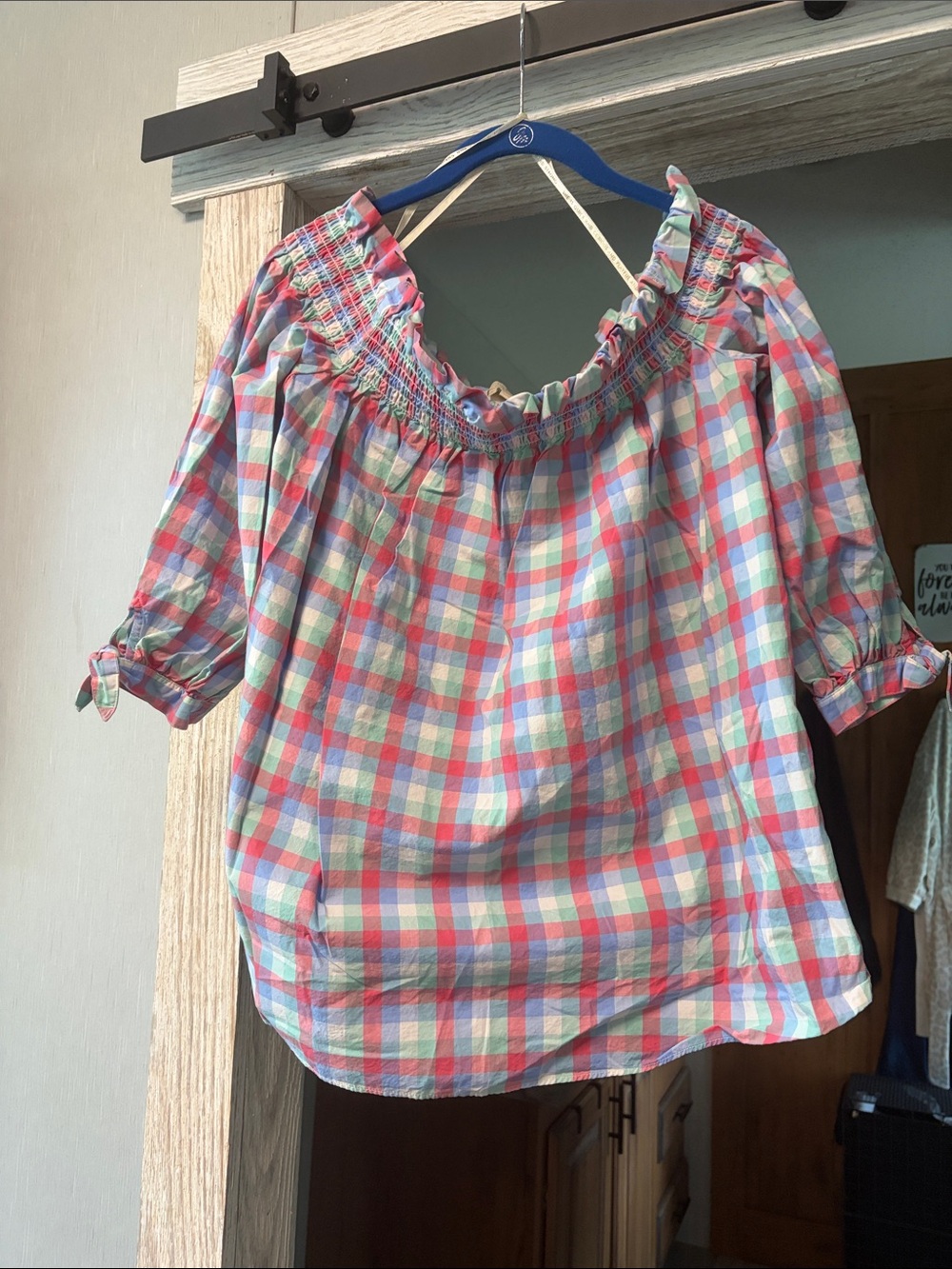Kate Spade Womenโs Off-Shoulder Plaid Peasant Top - Multicolor